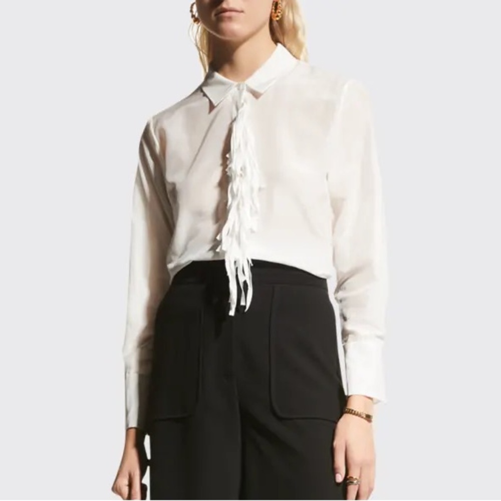 KOBI HALPERIN Paula Fringe Placket Blouse White Top Cotton Silk Blend Shirt